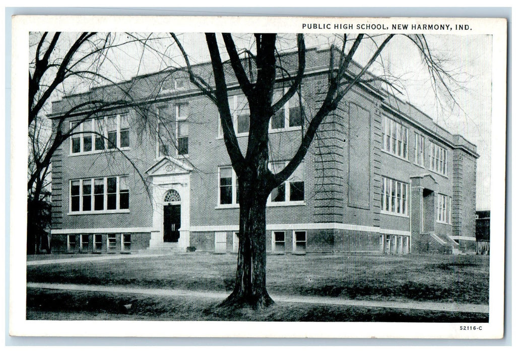 Public High School  Exterior Scene New Harmony Indiana IN Vintage Postcard