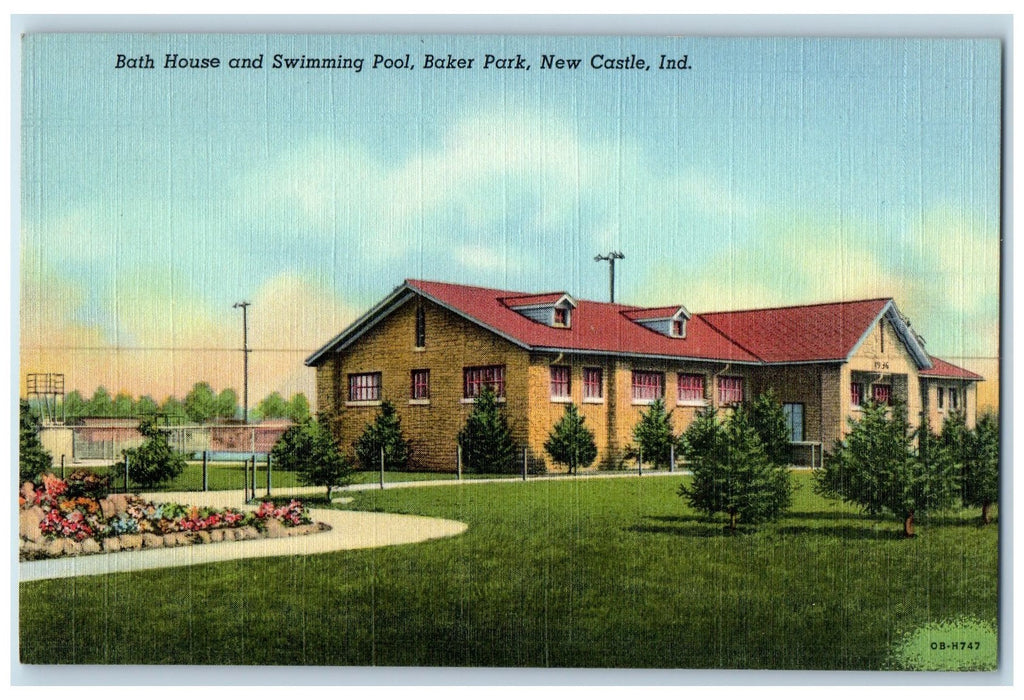 Bath House And Swimming Pool Baker Park Newcastle Indiana IN Vintage Postcard