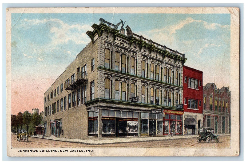 1918 Jenning's Building Newcastle Indiana IN Cars Street Scene Antique Postcard