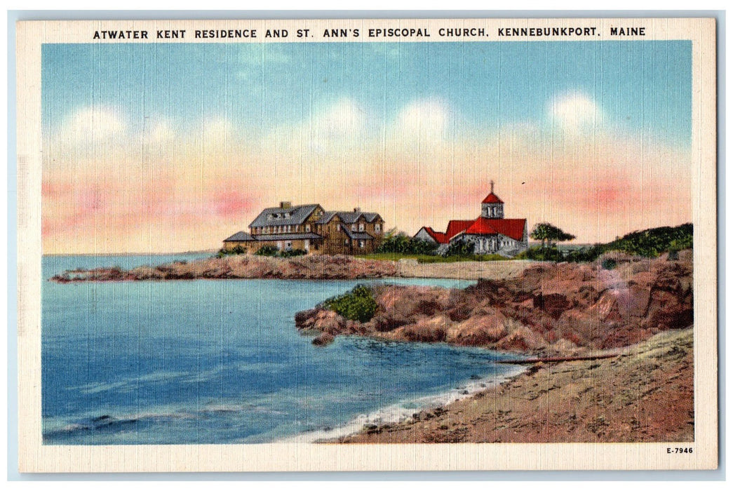 c1940s Atwater Kent Residence And St. Ann's Church Kennebunkport Maine Postcard
