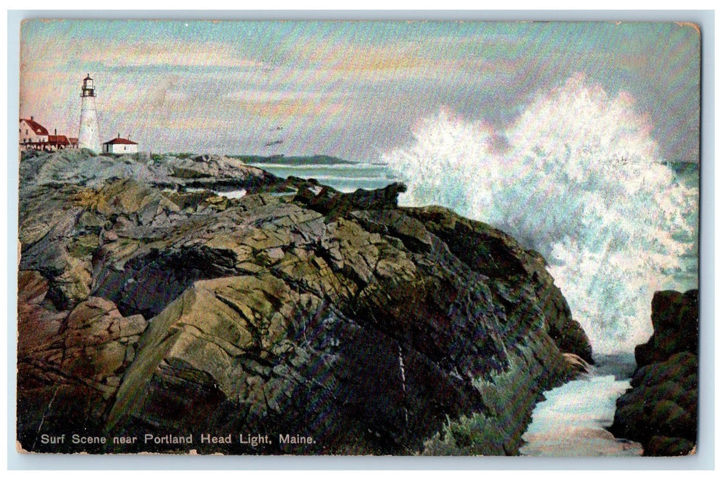 1908 Surf Scene Near Portland Head Light Maine ME Posted Vintage Postcard