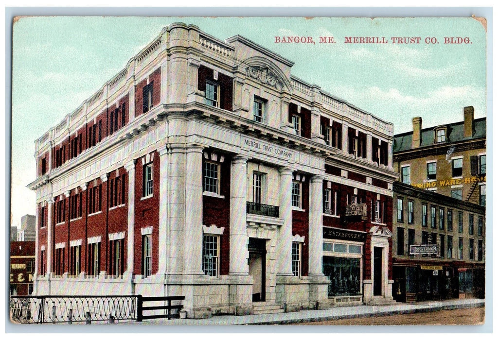 1910 Merrill Trust Company Building Exterior Maine ME Posted Vintage Postcard