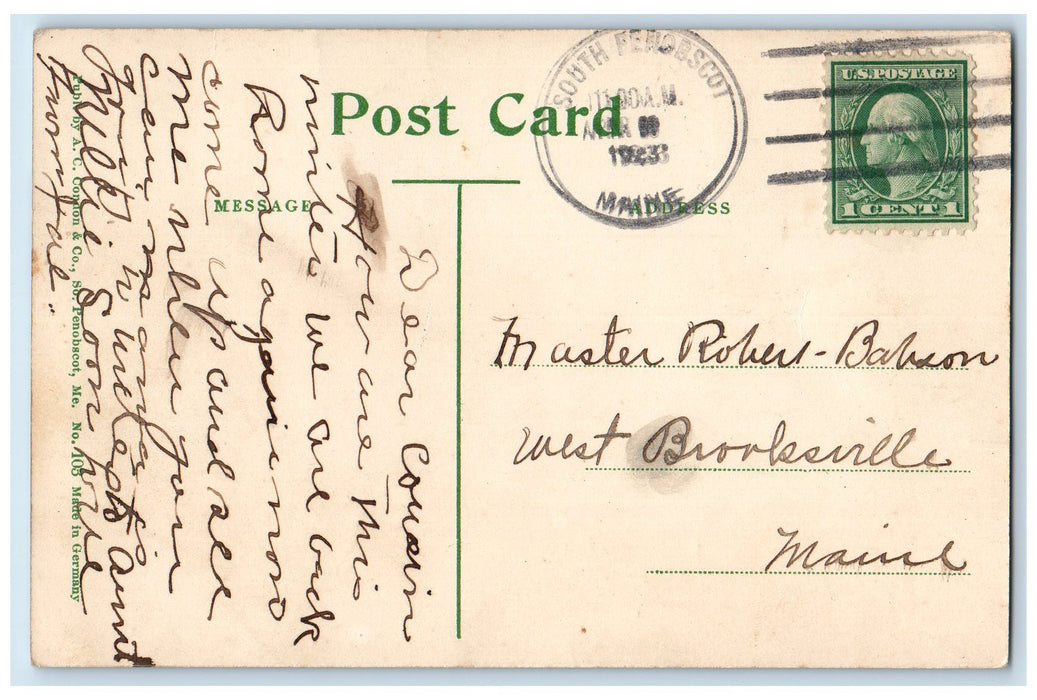 1923 Souvenir So. Logging Scene Penobscot Maine ME Posted Vintage River Postcard