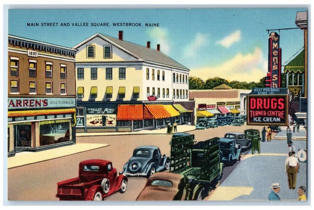 c1940's Main Street And Vallee Square Westbrook Maine ME Unposted Cars Postcard