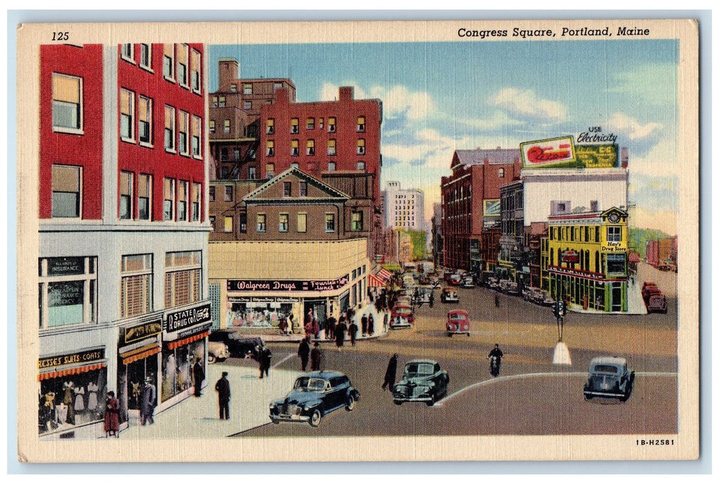 c1940's Congress Square Street Car Portland Maine ME Unposted Vintage Postcard