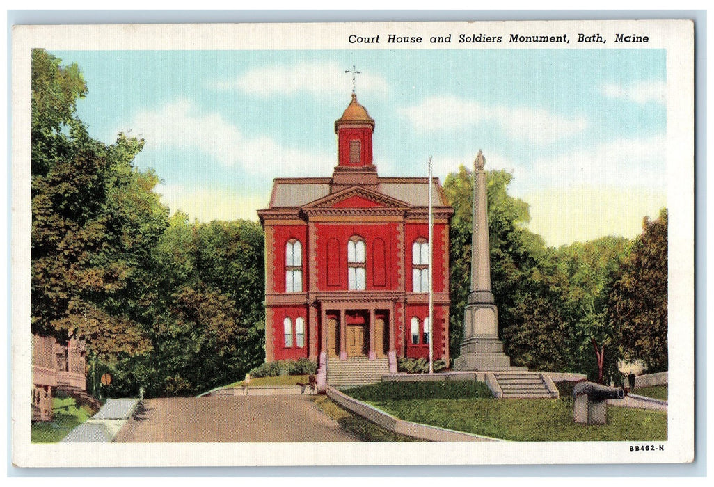 c1940s Court House And Soldiers Monument Bath Maine ME Unposted Vintage Postcard
