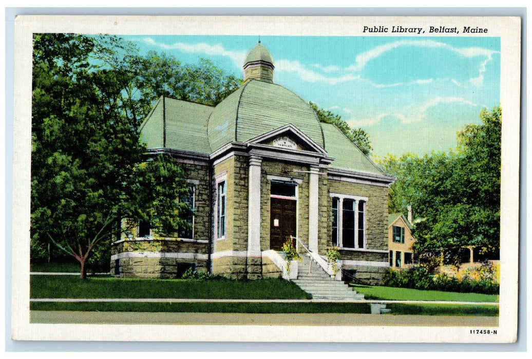 c1940's Public Library Exterior Scene Belfast Maine ME Unposted Vintage Postcard