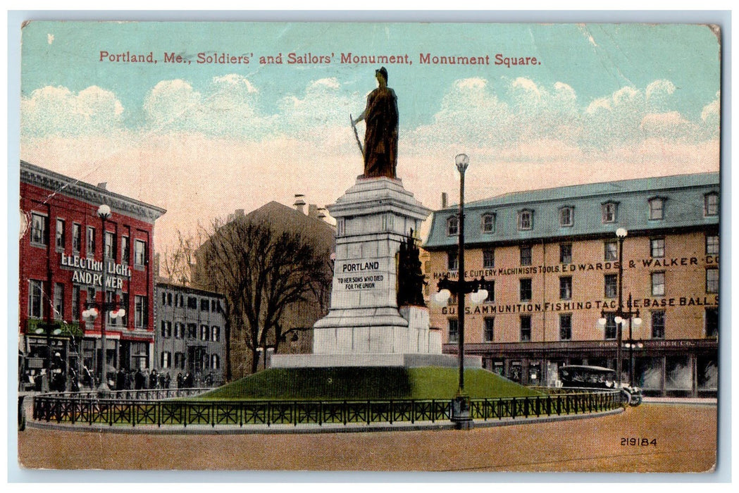 1914 Soldiers And Sailors Monument Square View Portland Maine ME Posted Postcard