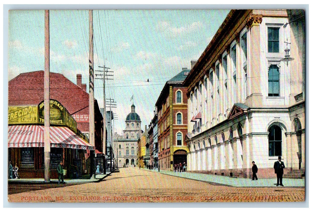 c1910's Exchange St. Post Office Right And City Hall Portland Maine ME Postcard