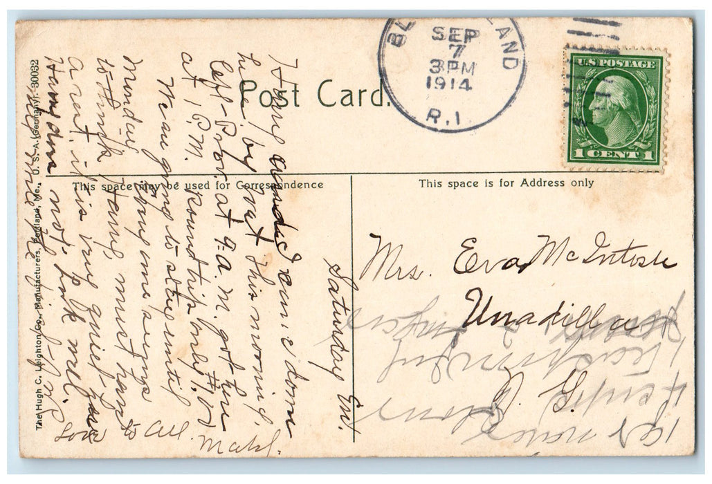 1914 Old Harbor Mount Hope Leaving Scene Block Island R.I. Posted Boats Postcard