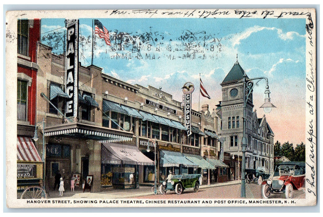 1918 Hanover Street Showing Palace Theatre Chinese Restaurant NH Posted Postcard