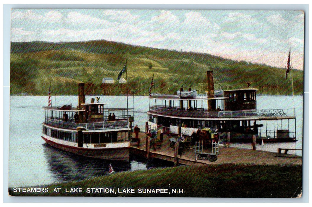 1908 Steamers At Lake Station Lake Sunapee New Hampshire NH Posted Flag Postcard