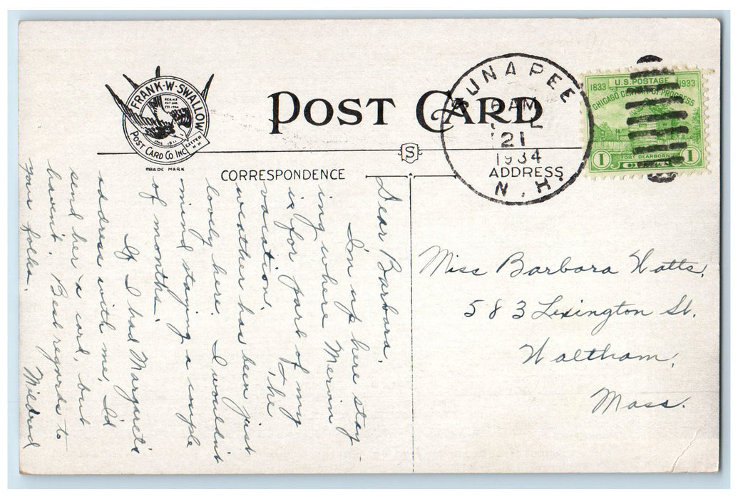 1934  Sunapee Lake And Mt. Burkehaven New Hampshire NH Posted Vintage Postcard