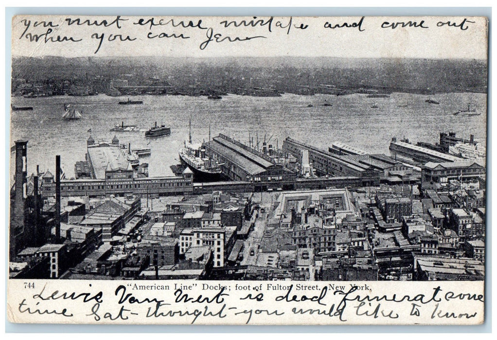 c1905's American Line Docks Cargo Passenger Ship Fulton New York NY Postcard