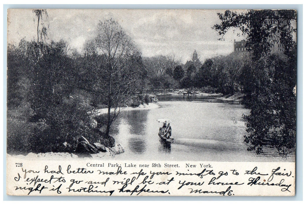 1908 Central Park Lake Classic Boat Pond Forest 59th Street New York NY Postcard