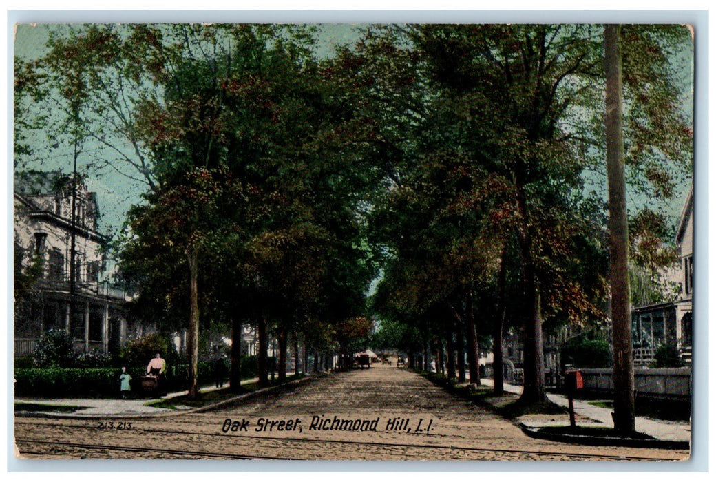 c1910 Oak Street Dirty Road Stroller Child Trees Woman Richmond Hill NY Postcard