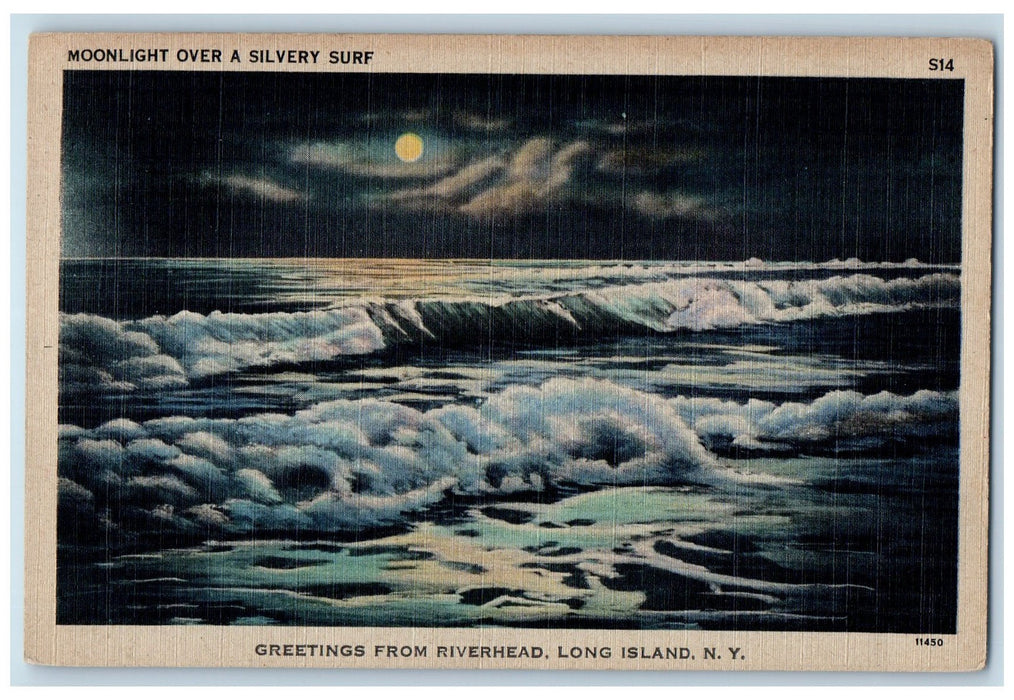 c1920's Greetings From Riverhead Moonlight Ocean Waves LI Long Island Postcard
