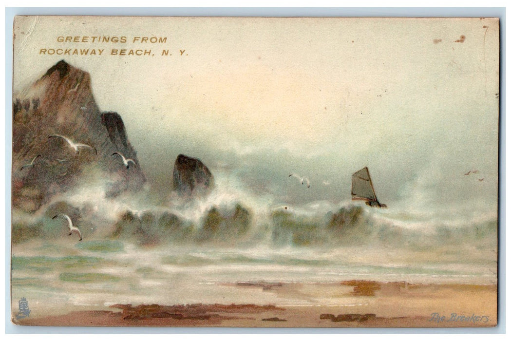 c1910's Greetings From Rockaway Beach Birds Waves Boat Rock New York NY Postcard