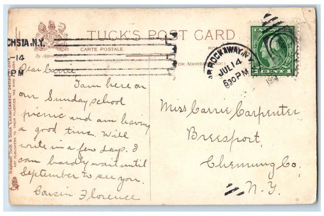 c1910's Greetings From Rockaway Beach Birds Waves Boat Rock New York NY Postcard