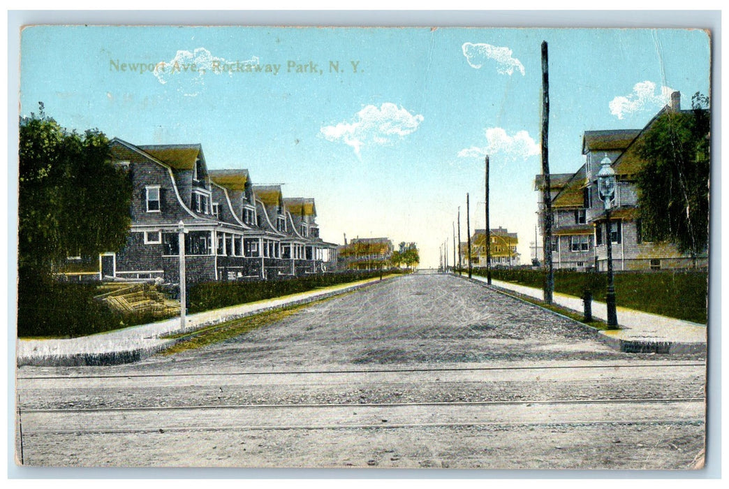 c1910 Newport Avenue Railway Dirt Road House Post Lamp Rockaway Park NY Postcard