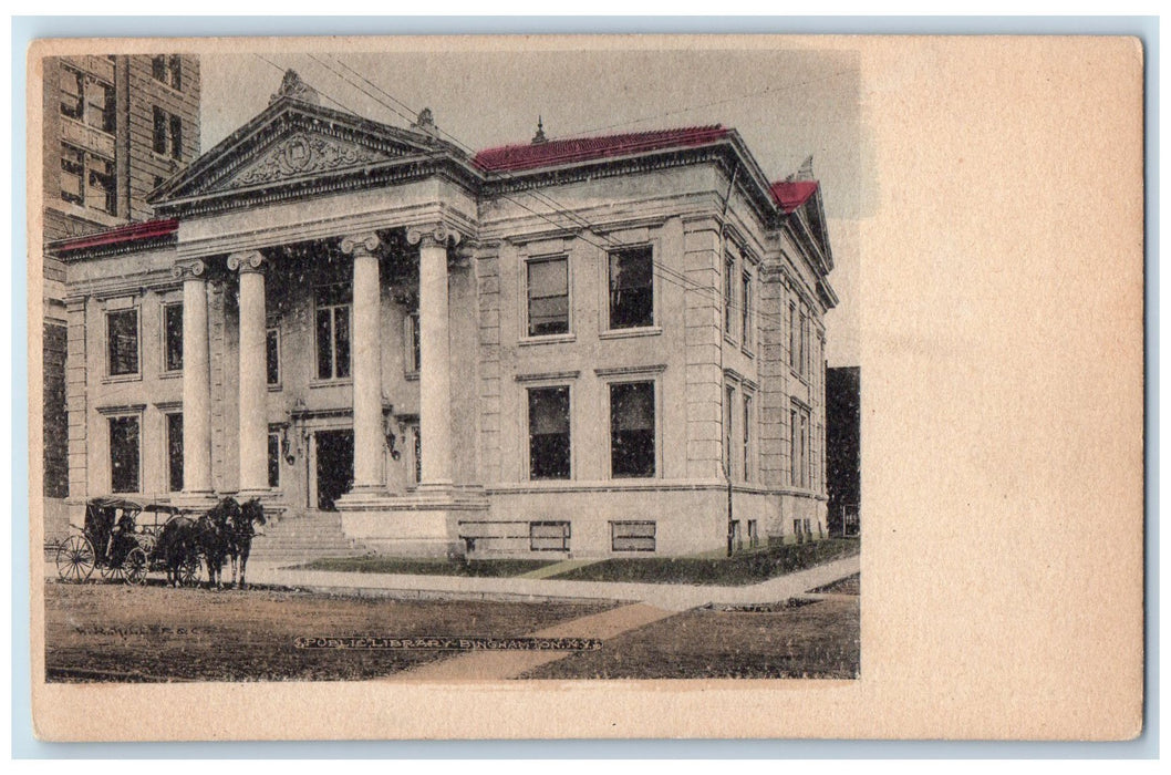 c1905 Public Library Binghamton New York NY, Horse Carriage Scene Postcard