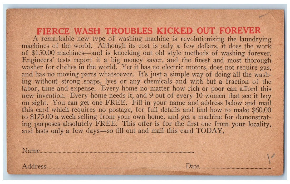 1929 Preston MFG Co Business Reply Card Washing Machine Advertisement Postcard