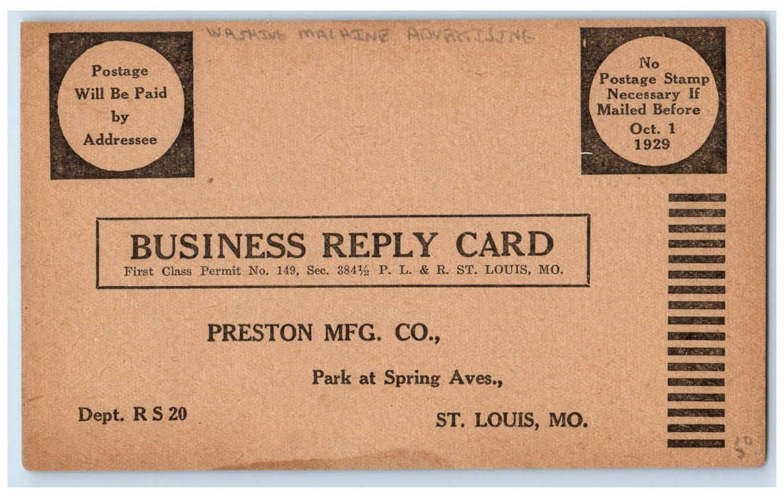 1929 Preston MFG Co Business Reply Card Washing Machine Advertisement Postcard