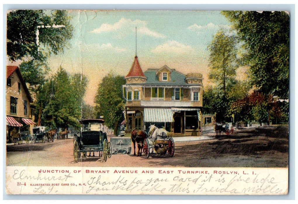 1907 Junction Bryant Avenue Turnpike Horse Carriage Roslyn Long Island Postcard