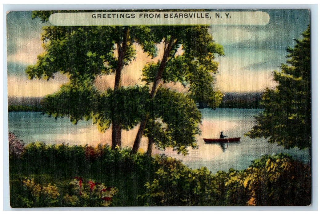 Greetings From Bearsville New York NY, Boat Canoeing Lake Nature View Postcard