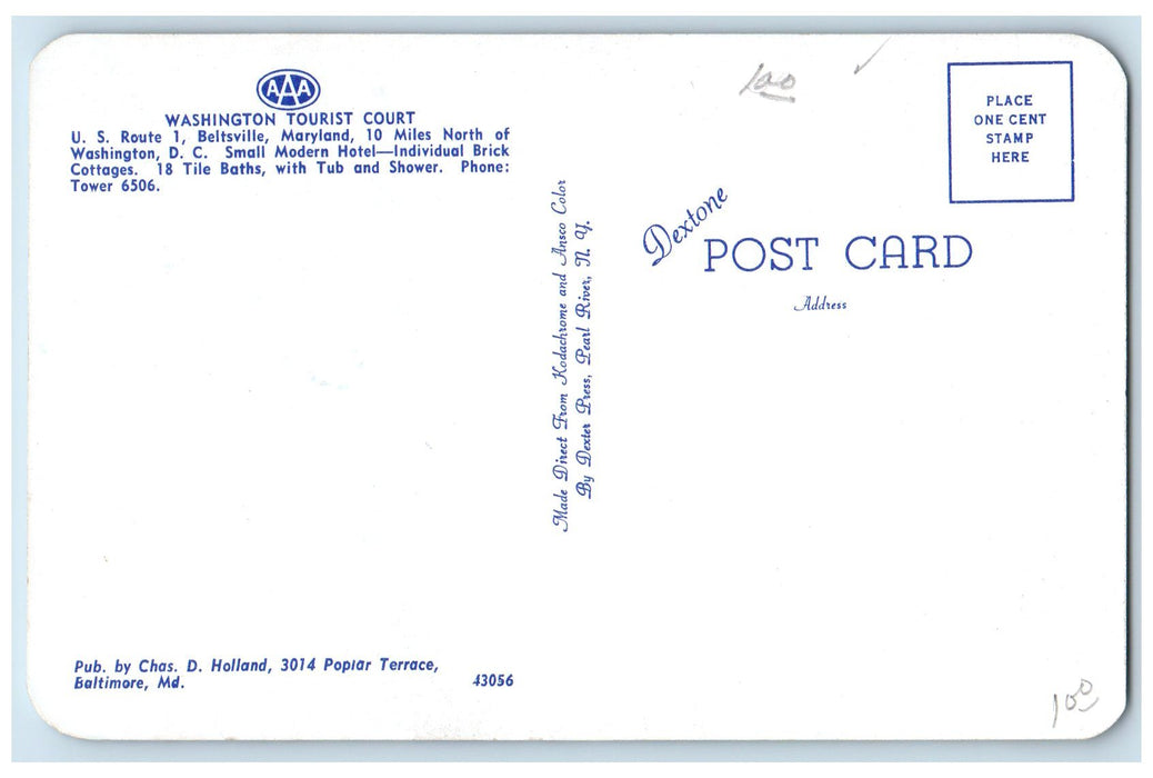 c1940s Washington Tourist Court Route 1 Beltsville Maryland DC Unposted Postcard