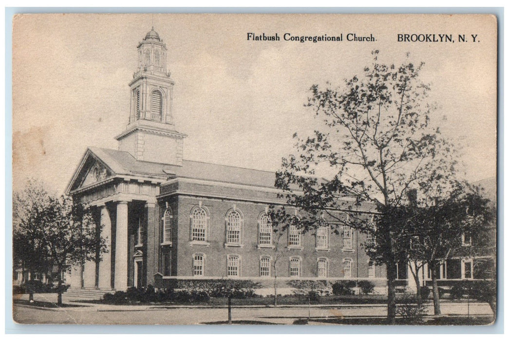 1915 Flatbush Congregational Church Side View Tree Brooklyn New York NY Postcard