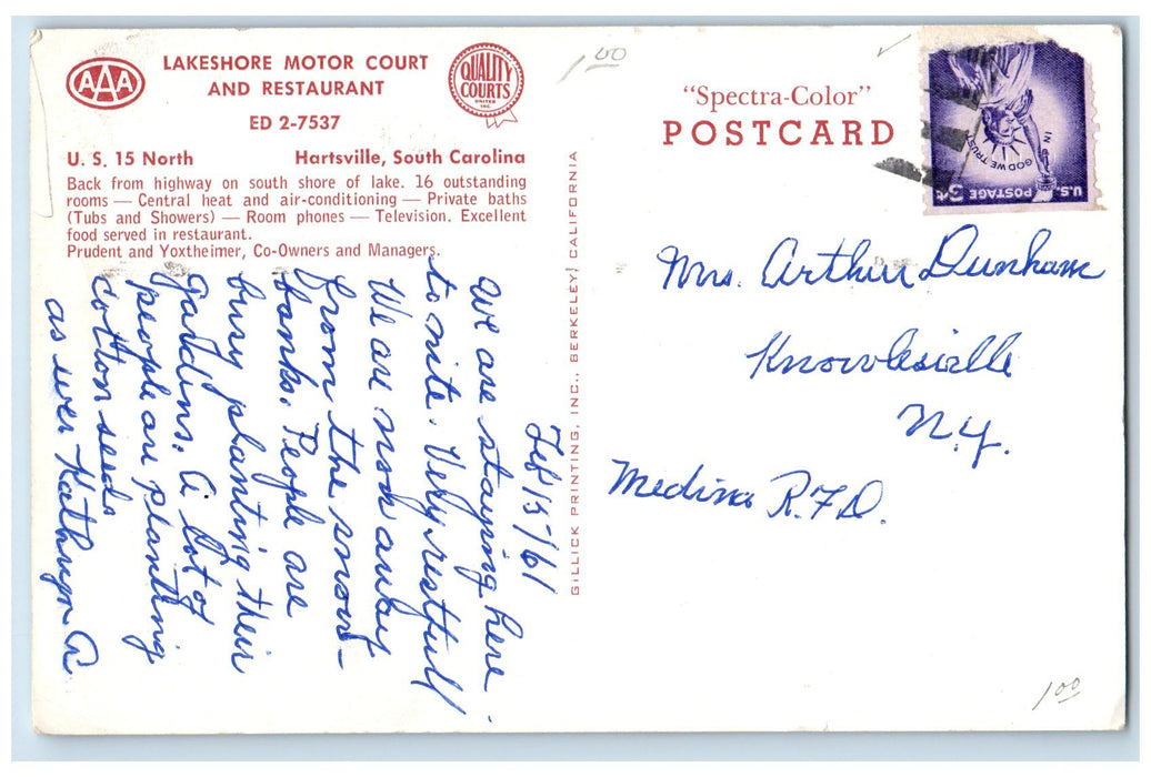 c1950s Lakeshore Motor Court And Restaurant View Hartsville SC Unposted Postcard