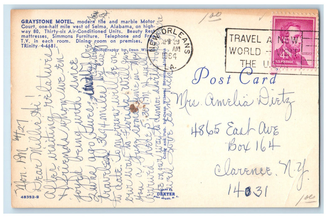 1964 Graystone Motel Inc. Roadside West Selma Alabama AL Posted Vintage Postcard