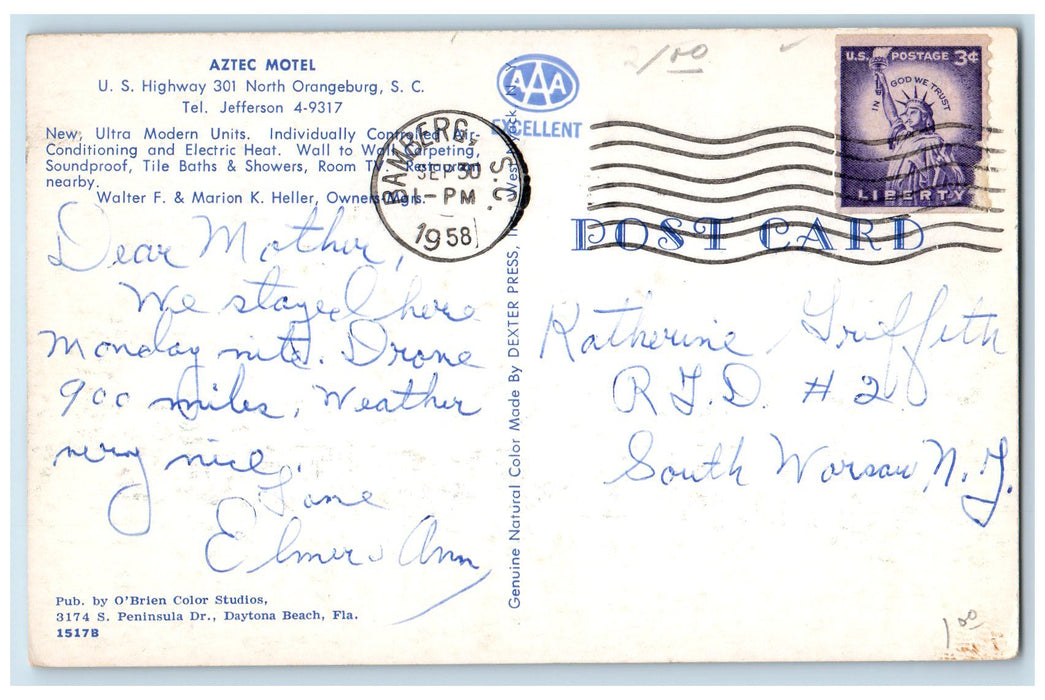 1958 Aztec Motel Exterior Roadside Orangeburg South Carolina SC Posted Postcard