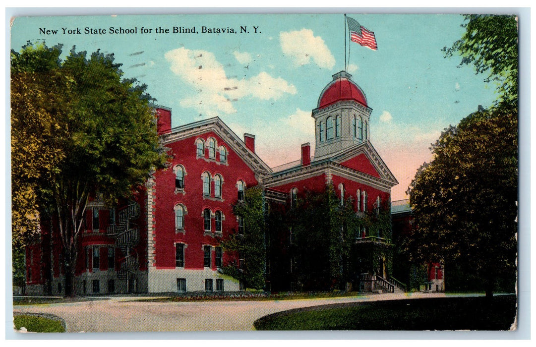 1913 New York State School For The Blind Batavia NY, American Flag View Postcard