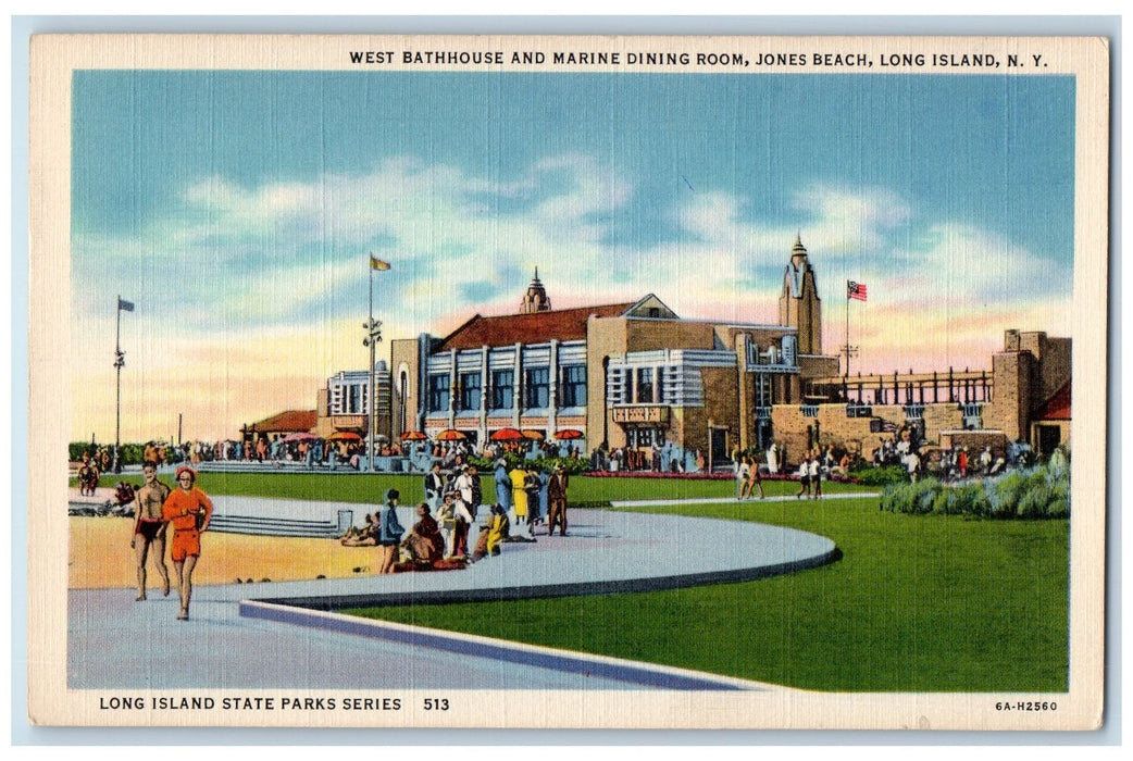 c1940's West Bathhouse Marine Dining Room Restaurant Jones Beach LI Postcard