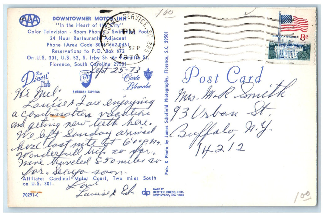 1973 Downtowner Motor Inn Roadside Florence South Carolina SC Posted Postcard
