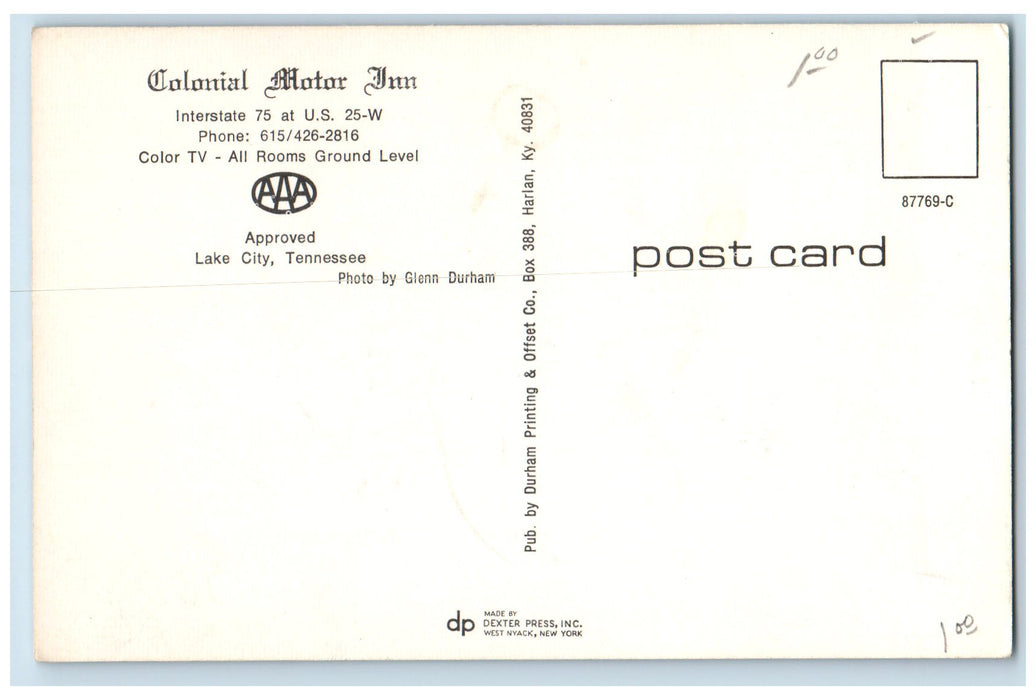 c1960's Colonial Motor Inn Multiview Lake City Tennessee Unposted Sign Postcard
