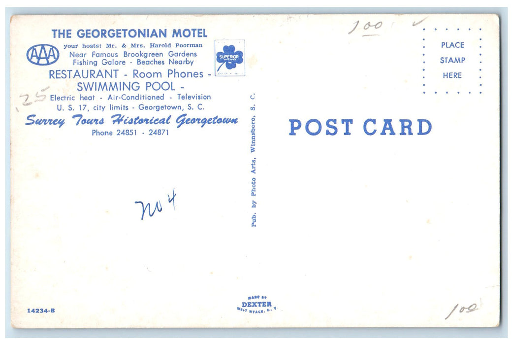 c1960's The Georgetonian Motel Georgetown South Carolina SC Unposted Postcard