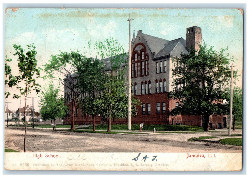 c1905 High School Jamaica Cleaning Dirty Road Long Island New York NY Postcard