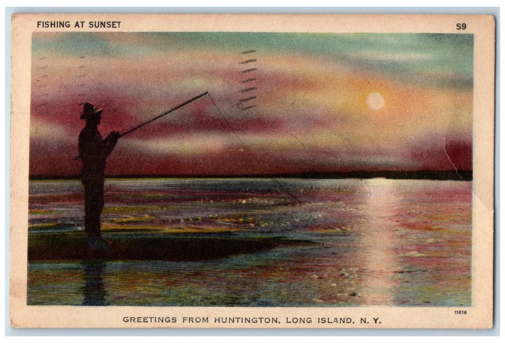 1947 Greetings From Huntington Fishing Sun Shine Long Island N.Y. Postcard