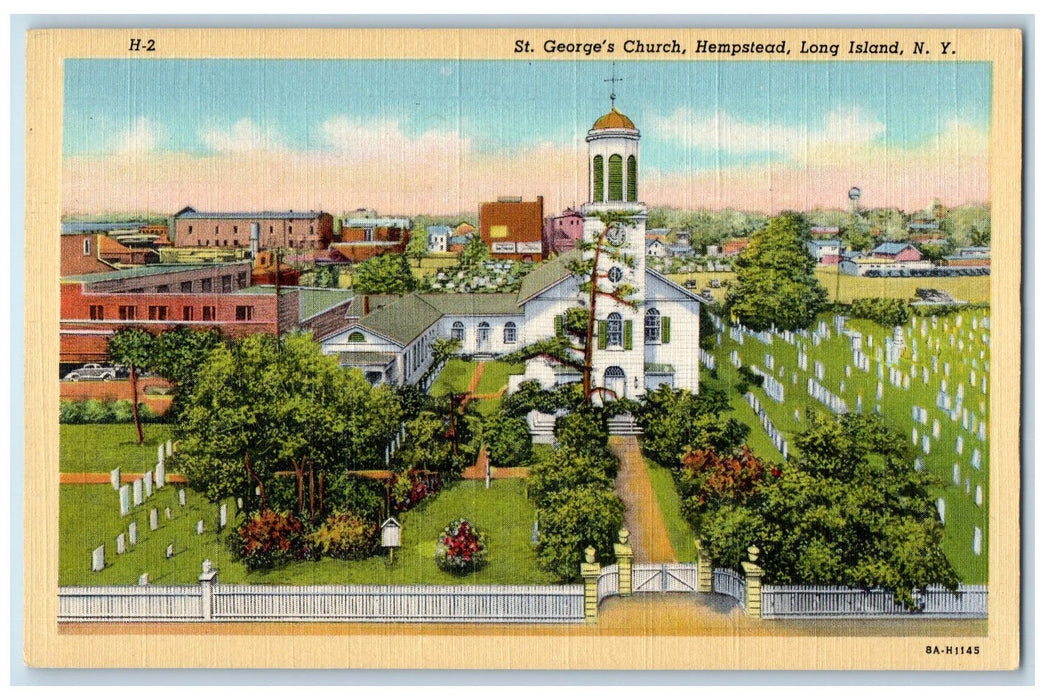 c1920's St. George Church Cemetery Houses Gated Fence Hempstead N.Y. Postcard