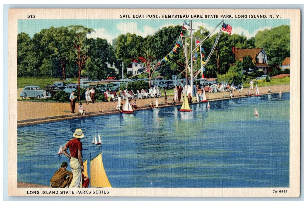 c1940's Sail Boat Pond Lake State Park Classic Cars Flag Hempstead N.Y. Postcard