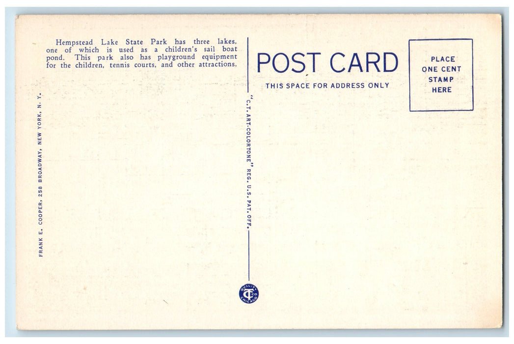 c1940's Sail Boat Pond Lake State Park Classic Cars Flag Hempstead N.Y. Postcard