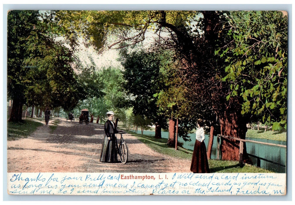 1907 Bicycle Dirt Road Horse Carriage Street View Easthampton N.Y. Postcard