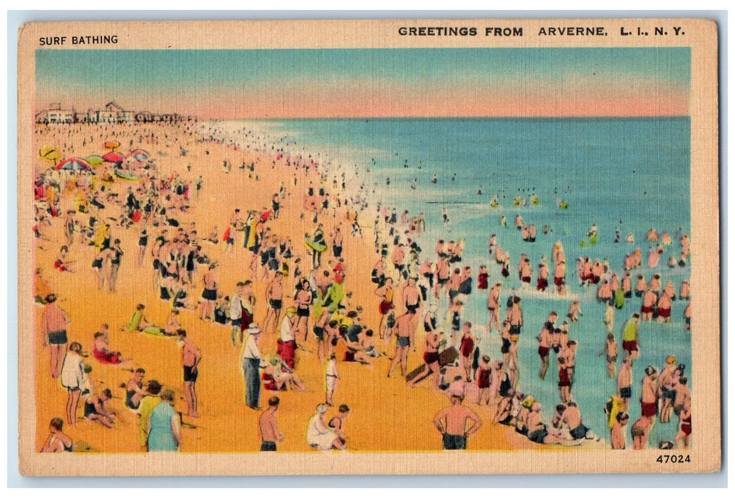 1940 Greetings From Arverne LI Surf Bathing New York NY Posted Swimming Postcard