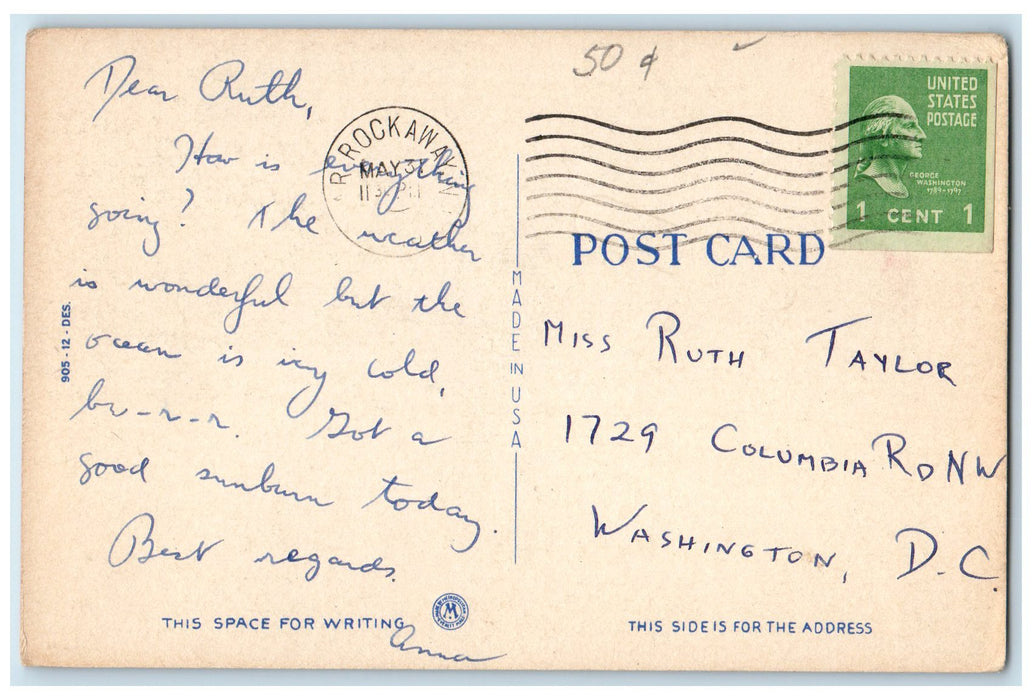 1940 Greetings From Arverne LI Surf Bathing New York NY Posted Swimming Postcard