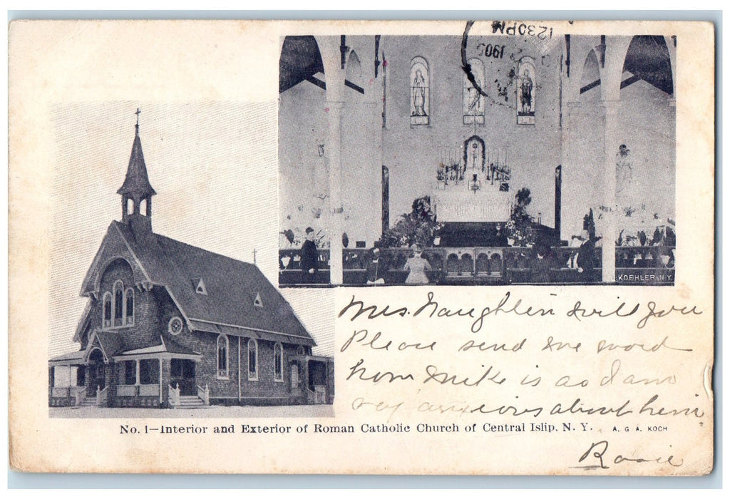 1905 Interior Exterior Roman Catholic Church View Central Islip N.Y. Postcard