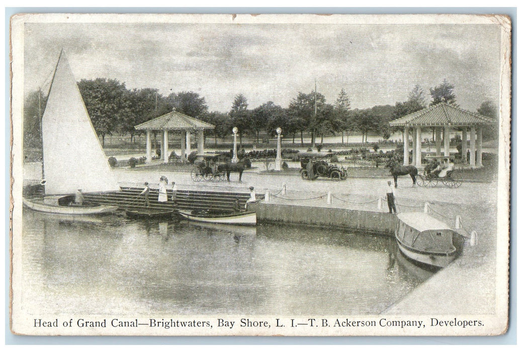 1911 Head Grand Canal Passenger Boat Park Brightwaters Bay Shore N.Y. Postcard