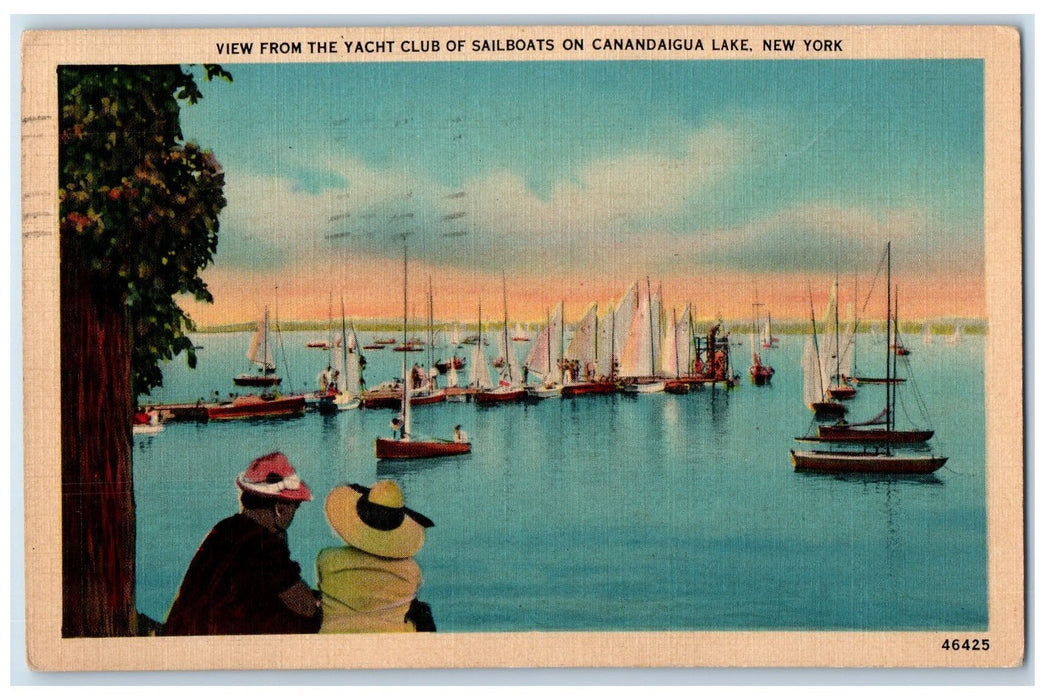 1943 View From The Yacht Club Of Sailboats On Canandaigua Lake NY Postcard